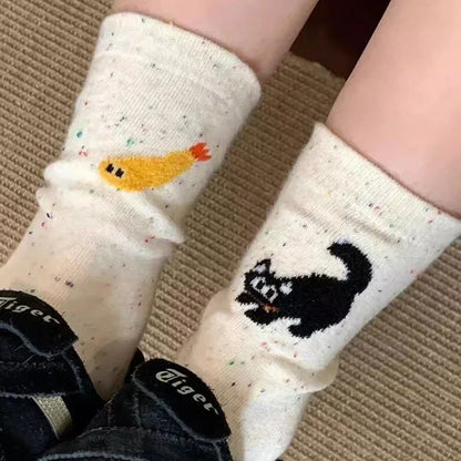 1/2pairs Cartoon Cat Fish Pattern Middle Tube Socks Soft Thermal Warm Crew Sock