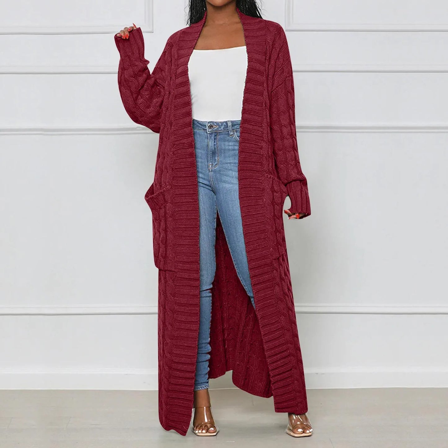 Women's Elegant Wool Ankle Length Knit Cardigan Open Front Long Sleeve Pocket Sweater