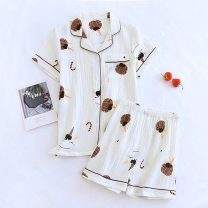 Summer pajamas short-sleeved shorts two-piece cotton crepe