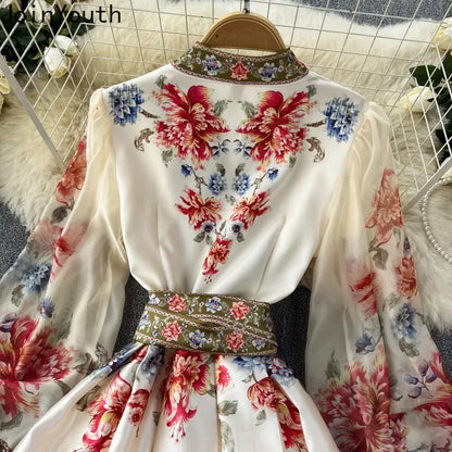 Elegant Women Floral Maxi Slim Waist Dress