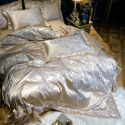 Soft Satin Jacquard Cotton Bedding Set, Luxury Duvet Cover, Blue, Gold, Gray, Queen, King Bed Sheet, Pillowcases, Home Textiles