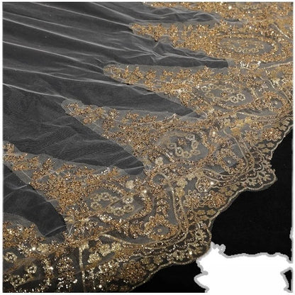 Luxurious Bridal Veil Applique Sequins Golden With Comb Cathedral Two-Layer 3.8Meters