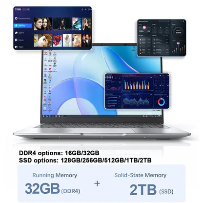 14.1 Inch FHD Ultra Thin Laptop Intel N3700/4405U Win11 DDR4 16GB/32GB RAM 2TB SSD Portable Business Office Notebook PC