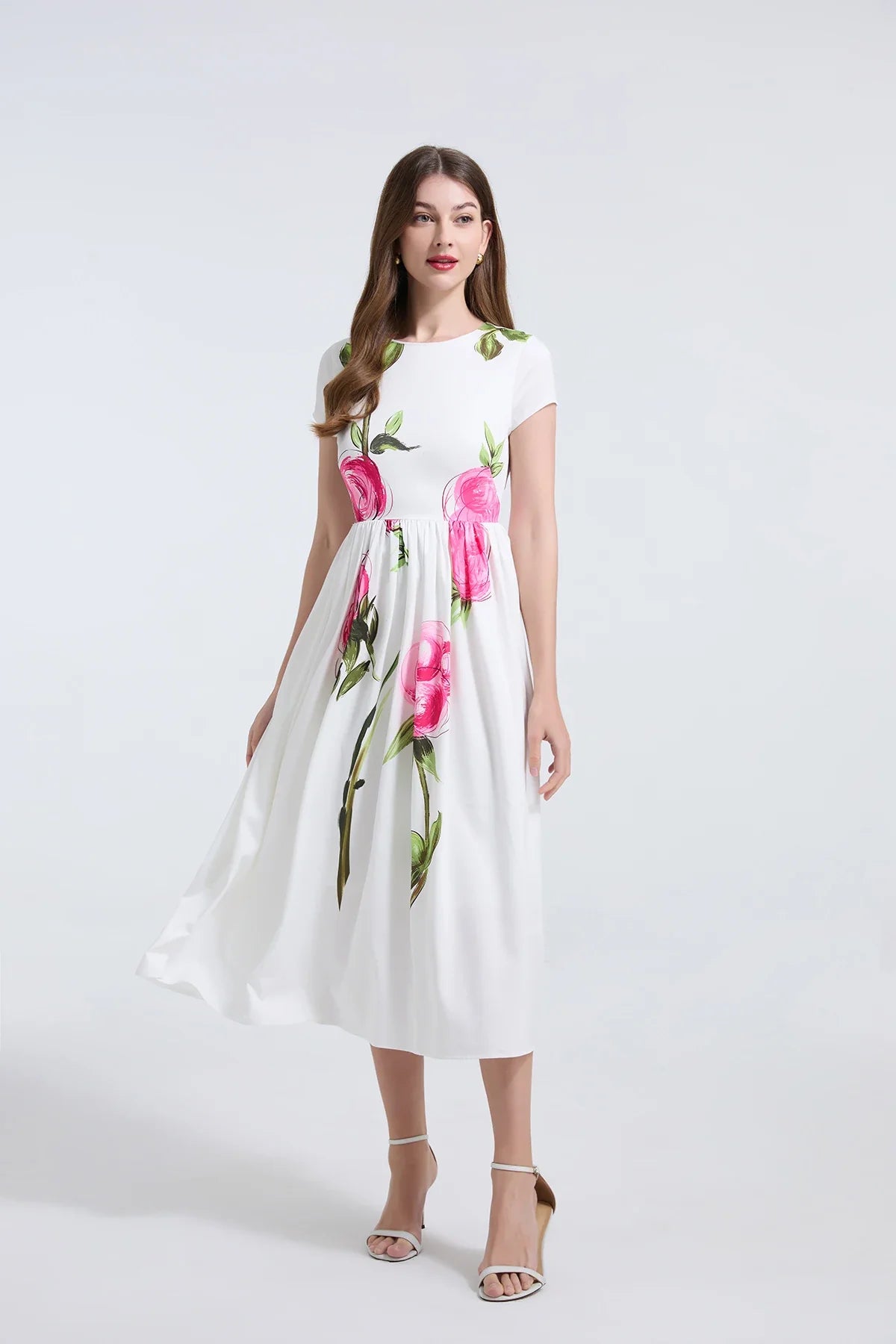 Summer French Women's Retro Pink Flower Waist Cinching Slimming Big Swing Dress Elegant Anti-aging Short Sleeved Skirt