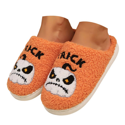 Women's Cartoon Pumpkin Embroidery Plush Warm Slippers Non-slip Indoor
