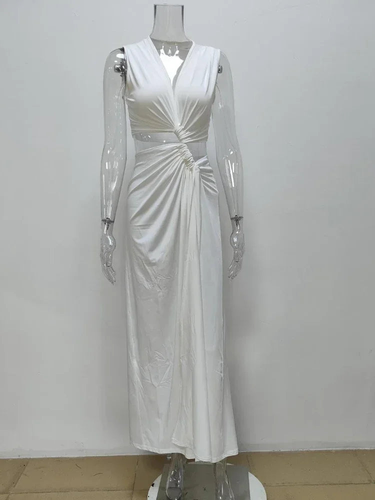 Summer Beach Sexy Maxi Dress Sexy Hollow Out Twist Knot High Split Sleeveless Deep V