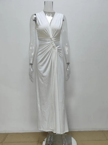 Summer Beach Sexy Maxi Dress Sexy Hollow Out Twist Knot High Split Sleeveless Deep V