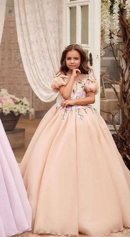Flower Girl Dress Applique Short Sleeve Puffy Tulle With Bow Party Dress
