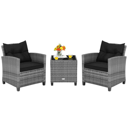 3 Pieces Patio Furniture Set, PE Rattan Wicker 3 Pcs Outdoor Sofa Set w/Washable Cushion and Tempered Glass, Customized