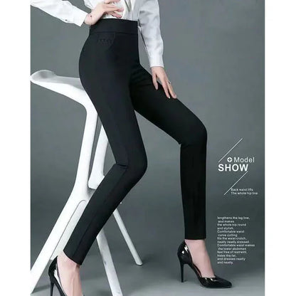 Women Slim Pencil Pants Spring Autumn High Waist Elastic Pockets Solid Elegant