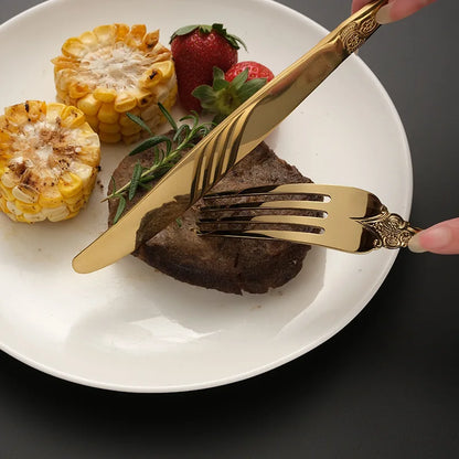 Luxury Gold Cutlery Set Vintage Dinnerware Set 18/10 Stainless Steel Silver Flatware Knife Fork and Spoon
