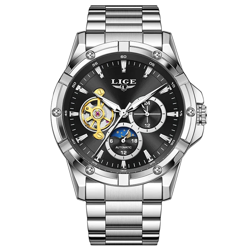 Luxury 24-Hours Moon Phase Automatic Movement Stainless Steel Band Men's Watches