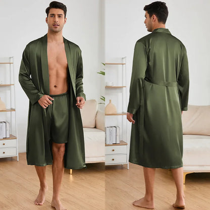 Solid Color Sleep Wear Set Men Silky Nightwear Kimono