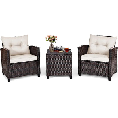 3 Pieces Patio Furniture Set, PE Rattan Wicker 3 Pcs Outdoor Sofa Set w/Washable Cushion and Tempered Glass, Customized
