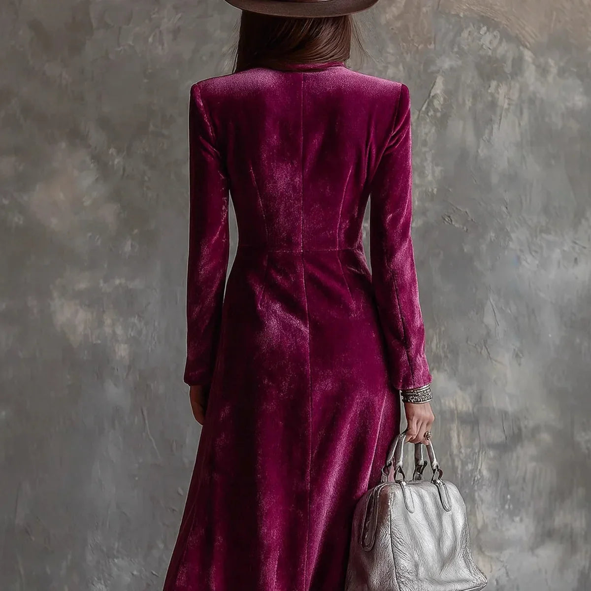 Elegant Women Velvet Lapel Double Breasted Long Sleeve Slit Midi Dress Autumn Winter Solid Color Slim Fit