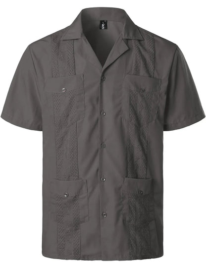 Men's Traditional Cuban Collar Guayabera Shirts Short Sleeve Embroidered w 4 Pockets