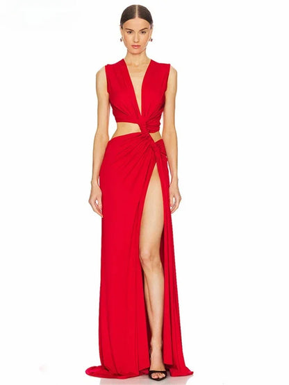 Summer Beach Sexy Maxi Dress Sexy Hollow Out Twist Knot High Split Sleeveless Deep V