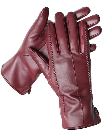 Women's Leather winter warm gloves with velvet thin touch screen