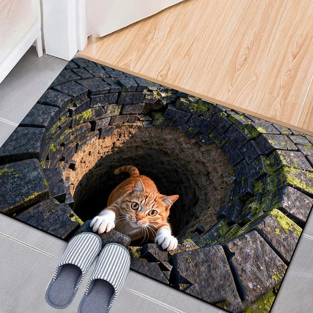 3D Optical Illusion Cat Round Hole Door Mat Home Absorbent Anti-slip Carpet Living Room Bed Bathroom Doorway Decor Rug