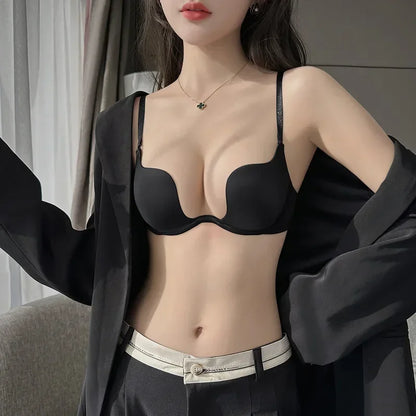 Women Push Up Bra Backless Bras Low Cut Sexy Plunge Brassiere Open Back Underwear Invisible Bra Seamless Deep U Lingerie