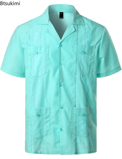 Men's Cuban Shirts Multiple Pockets Lapel Short Sleeves Cardigan