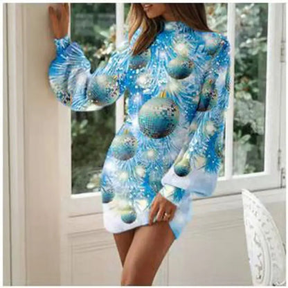Vintage Christmas Printing Party Dress For Women Autumn Fashion Half High Collar Lantern Long Sleeve Dress Lady Bodycon