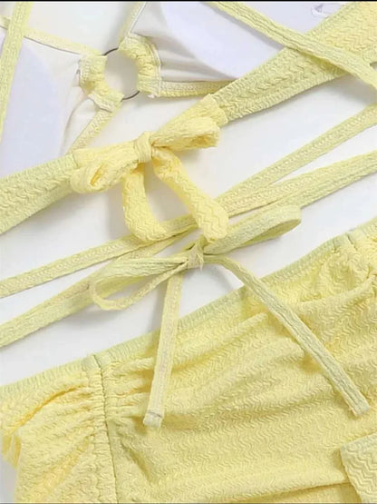 Women's Solid 3 Piece Swimsuit Halter Ring Linked Criss Cross Cover Up Ruffle Skirt