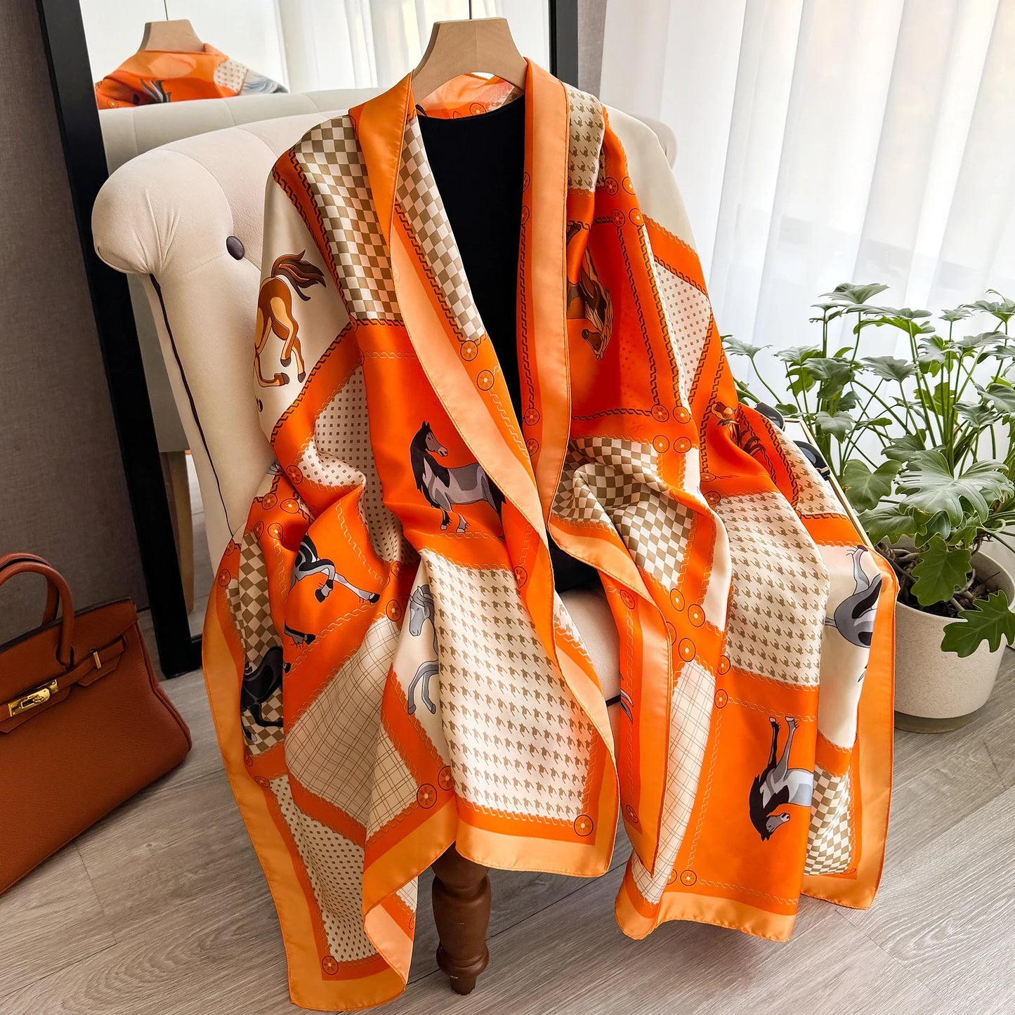 Women's 180x90cm Silk Scarf Luxury Soft Smooth Long Shawl Wrap Turban Fashion Accessory for Outdoor Beach Sunscreen
