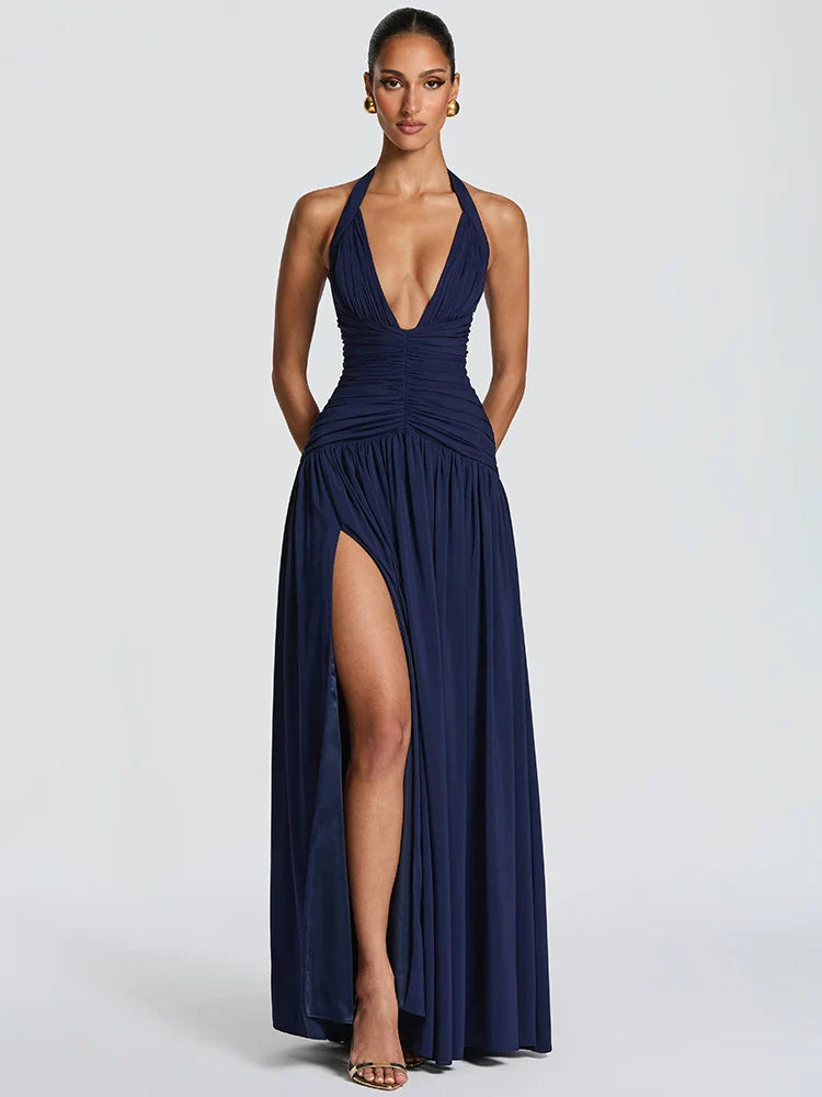 Elegant Halter Deep V Neck Sexy Maxi Women Dress Off-shoulder Sleeveless
