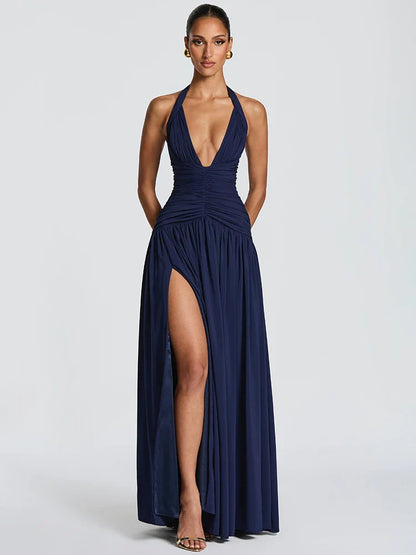 Elegant Halter Deep V Neck Sexy Maxi Women Dress Off-shoulder Sleeveless