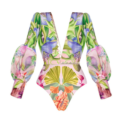 Swimwear 2PC Cover-up Swimsuit Ruffle Printed Deep V One-piece Kimono Bikini Suit