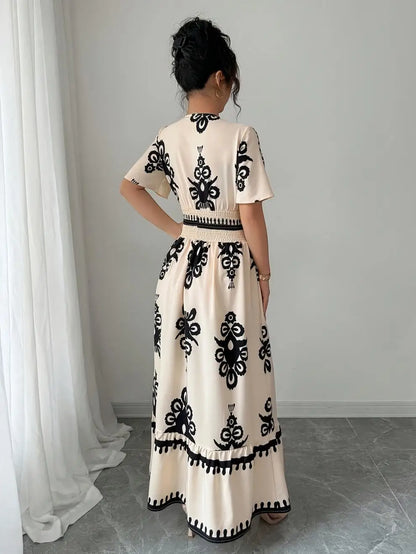 Women Summer Long Dress Vintage Print Maxi Gown V Neck Short Sleeve Tight Waist A Line