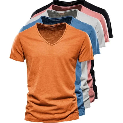 100% Cotton Men T Shirt Tops V Neck Thin Short Sleeve Tees Men Size S-5XL