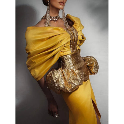Luxury Long Sleeve Yellow Evening Dress for Women with Boat Neck and Chapel Train Split
