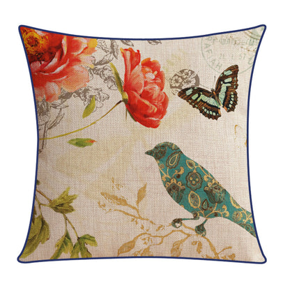 Sofa Pillow Cotton and Linen Thick Flower and Bird Back Seat Cushion Pillow Office