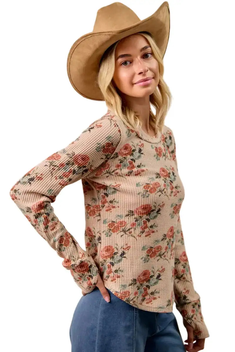 BiBi Floral Print Washed Waffle Thermal Top with Thumb