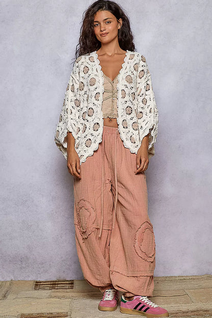 POL Openwork V-Neck Chenille Cardigan with Contrast Floral