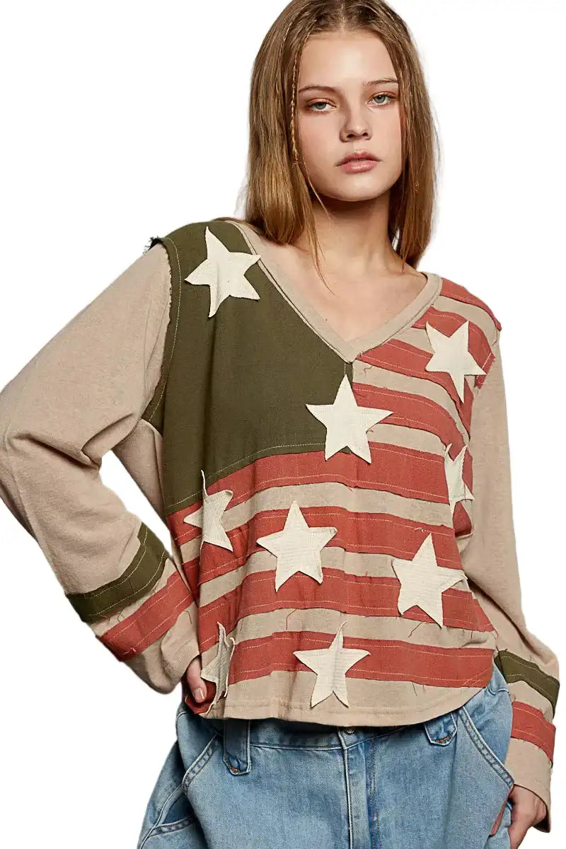 POL Double Gauze American Flag Patch V-Neck Long Sleeve T-Shirt
