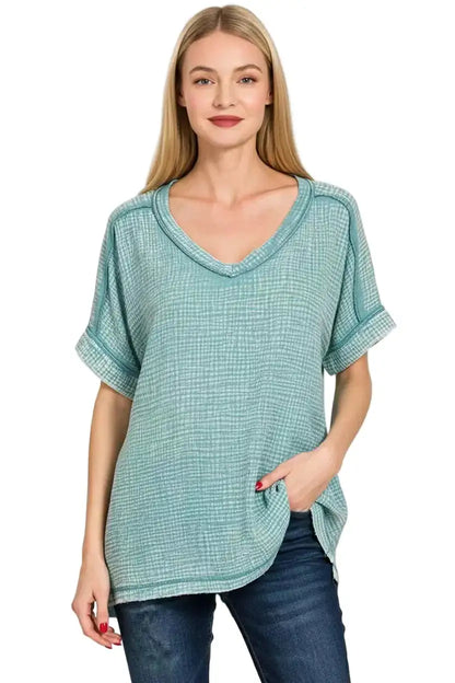 Zenana Acid Washed Double Gauze V-Neck Tee