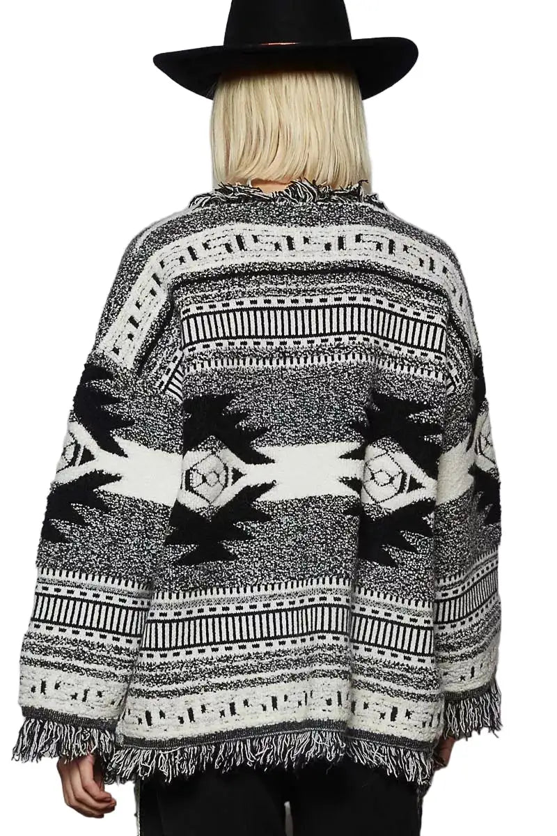 POL Open Front Geometric Print Cardigan with Fringe Detail