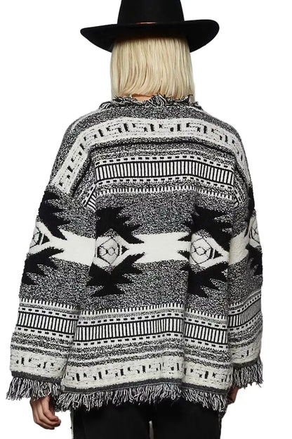 POL Open Front Geometric Print Cardigan with Fringe Detail