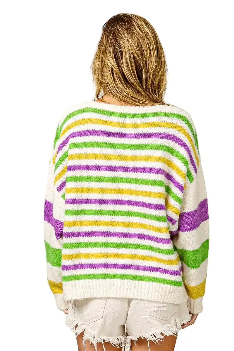 BiBi Mardi Gras Colors Stripe Comfy Sweater