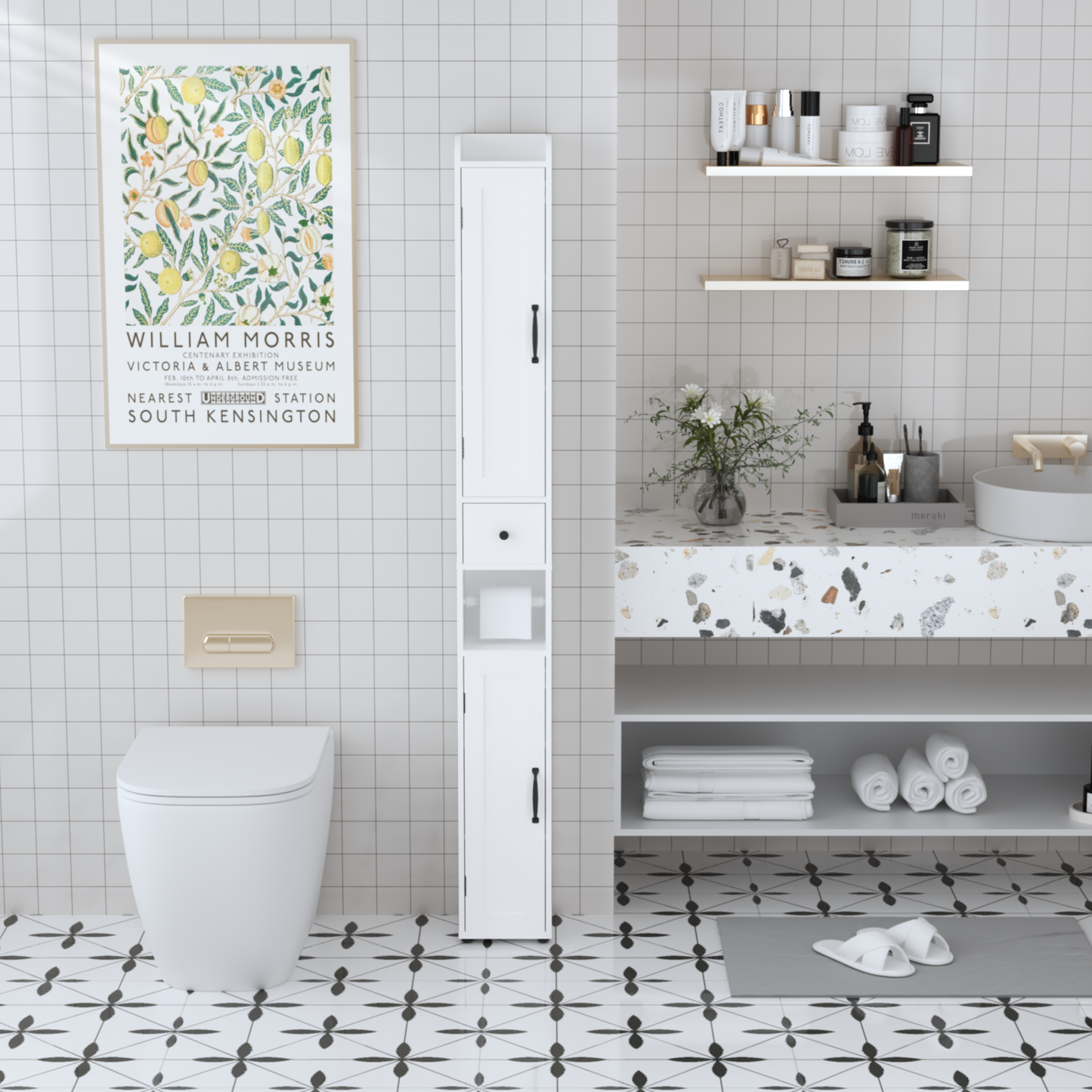 White Slim Tall Bathroom Storage Cabinet with Adjustable Shelves, 2 Doors Freestanding Cabinet for Small Spaces, Kitchen, Living Room, MDF Material, 67.51 inches High