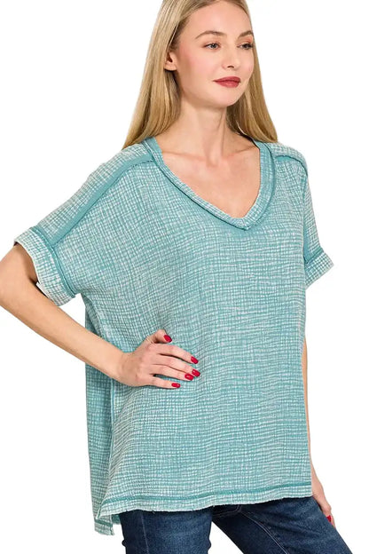 Zenana Acid Washed Double Gauze V-Neck Tee