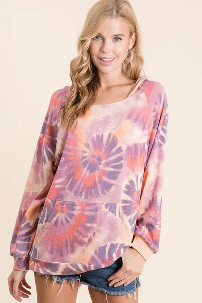 BiBi Circular Tie Dye Print Terry Hoodie with Kangaroo