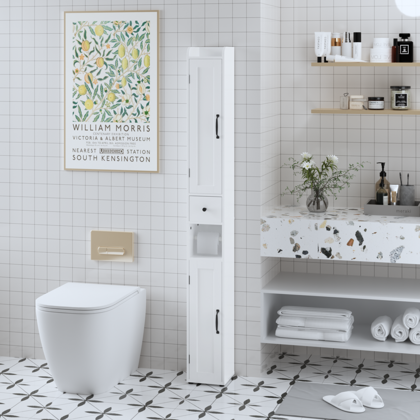 White Slim Tall Bathroom Storage Cabinet with Adjustable Shelves, 2 Doors Freestanding Cabinet for Small Spaces, Kitchen, Living Room, MDF Material, 67.51 inches High