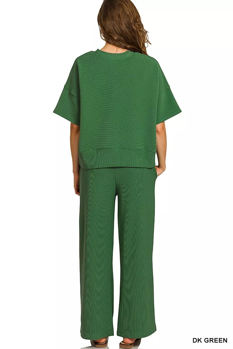 Zenana Ribbed Round Neck Tee & Pants Set