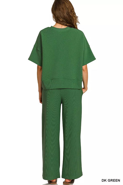 Zenana Ribbed Round Neck Tee & Pants Set