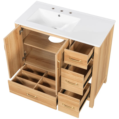 36" Acacia Wood Bathroom Vanity with Sink – Solid Wood Frame, 2 Soft-Close Doors, 4 Soft-Close Drawers & Ceramic Basin