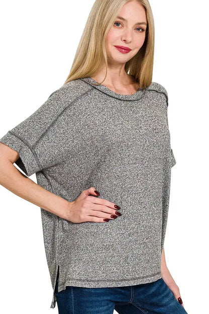 Zenana Full Size Soft Melange Hacci Short Sleeve Hi-low Tee Plus Size